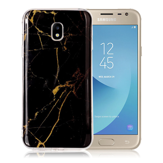 Samsung Galaxy J3 (2017) Marmori Rakenne TPU Pehmeä IMD Kuvallinen Takasuoja Kuori - Musta/ Kulta