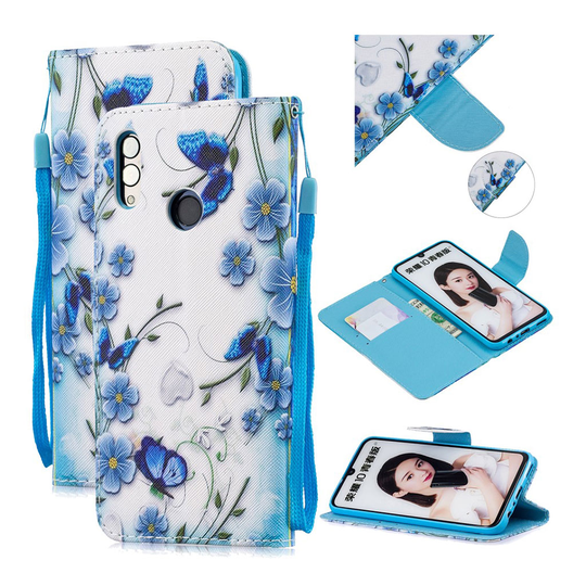 Huawei P Smart 2019 pattern leather case - Blue Flower and Butterfly