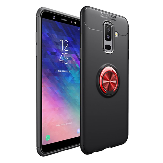 Samsung Galaxy A6 Plus (2018) Mobiilirenkaalla Ja Magneetilla Varustettu Muovinen Takasuoja Kuori - Musta/ Punainen