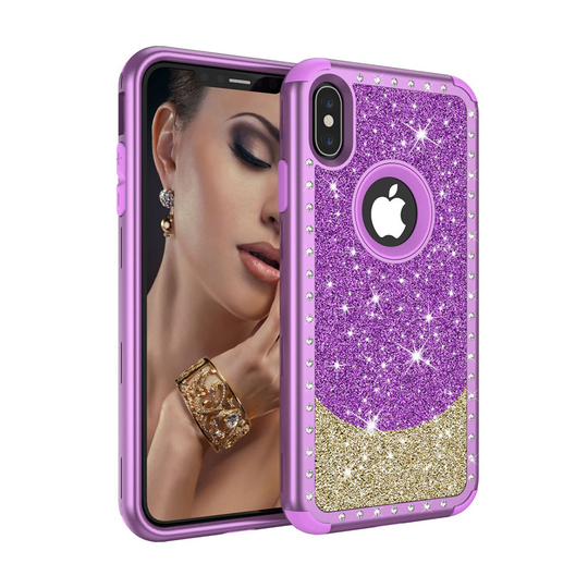 iPhone Xs Max hybriidi muovinen takasuoja kuori kimallehiekka pinnalla - Violetti/ Kulta