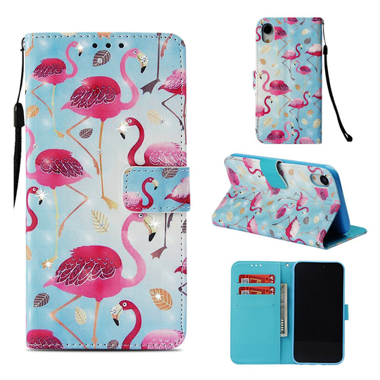 iPhone Xr synteetti nahka kuviollinen lompakko suojakotelo mobiilirannekkeella - Flamingot
