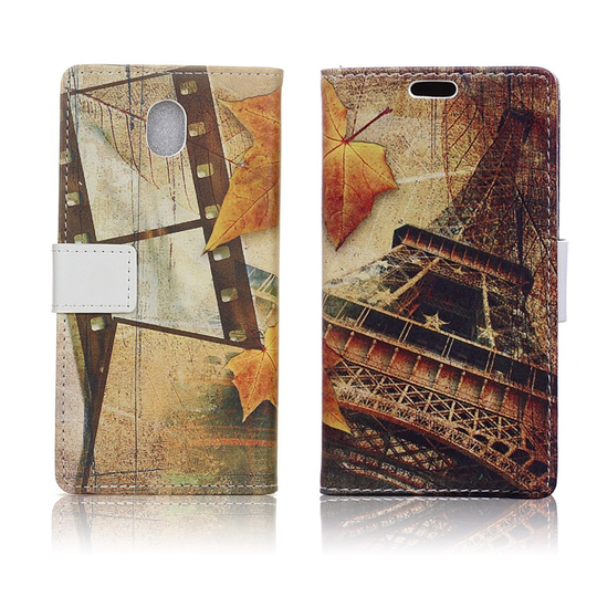 Samsung Galaxy J7 (2017) retrotyylinen nahkakotelo - Eiffel torni ja vaahteranlehti