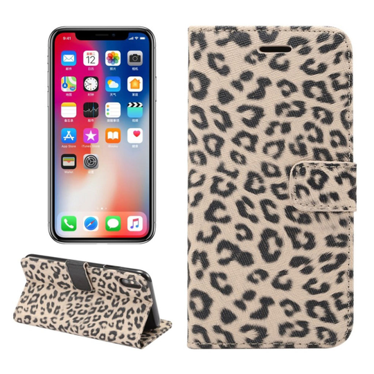 iPhone 9 Leopardi Kankaalla Pinnoitettu Synteetti Nahkainen Lompakko Suojakotelo - Beige