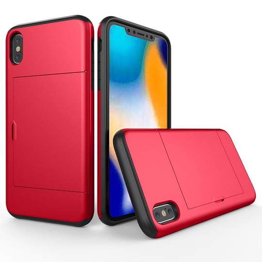 iPhone 9 Plus Hybriidi Matta Metalli Muovinen Takasuoja Kuori Kortti Paikalla - Punainen