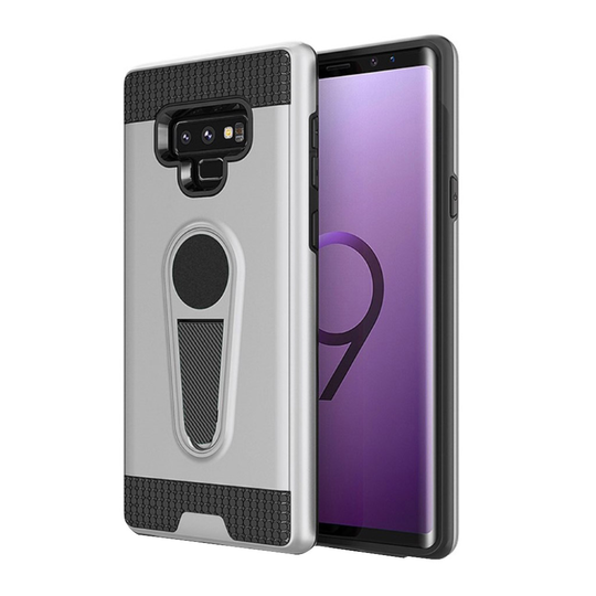 Samsung Galaxy Note9 Hiilikuitu Harjattu Muovinen Takasuoja Kuori Jalkatuella Ja Magneetilla - Hopea