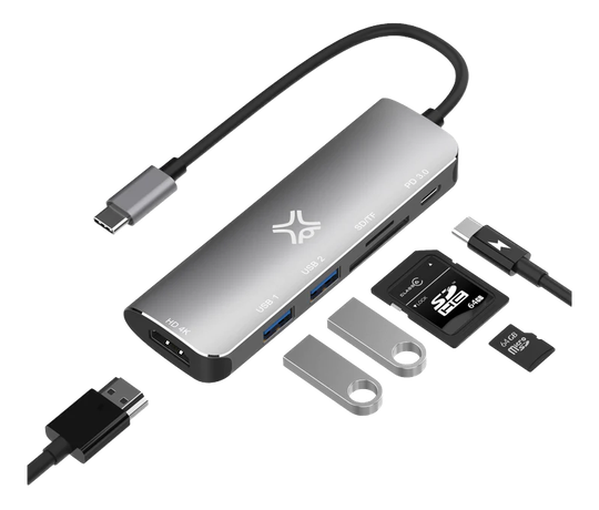 Hub USB-C, 6 PORTS (HDMI, SD/MSD Cards, 2*USB-A, USB-C PD)