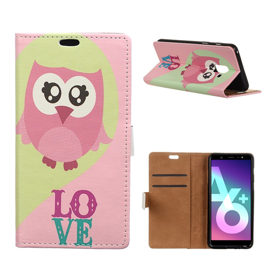 Samsung Galaxy A6 Plus Kuvioitu TPU Nahka Lompakko Suojakotelo - Love Pöllö Pinkki