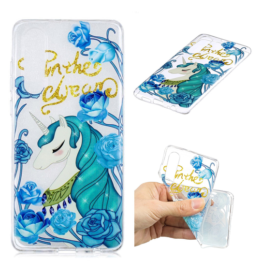 Huawei P30 printtikuosi pehmeä suojakotelo - Yksisarvinen ja Sininen Kukka
