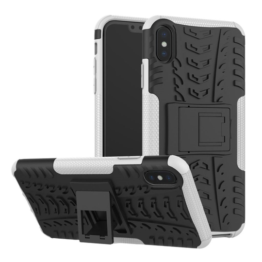 iPhone Xs Max Karu hybriidi muovinen takasuoja kuori jalkatuella - Valkoinen