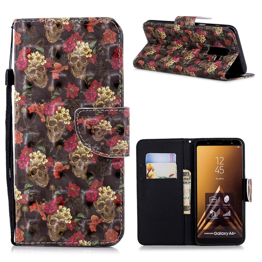 Samsung Galaxy A6 Plus (2018) light spot leather flip case - Skull and Flower
