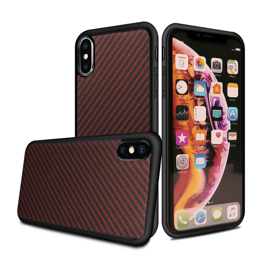 iPhone XS Kevlar hiilikuitu harjattu silikooni muovinen takasuojakuori - Punainen