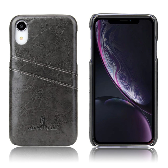 iPhone Xr FIERRE SHAN öljy vahattu synteetti nahka pinnoitettu muovi suojakuori kortti paikoilla - Musta