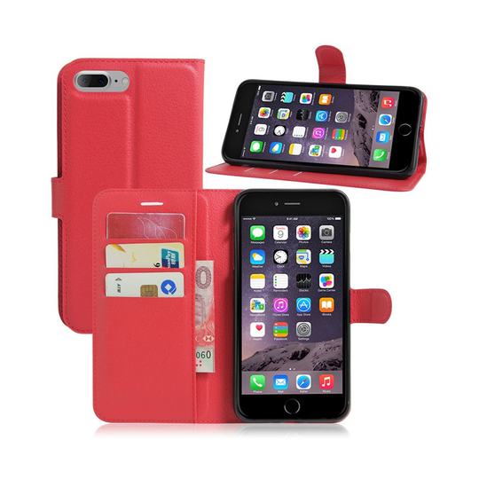 Davidsen Phone 7 Plus / 8 Plus Litsi Pintainen Nahkakotelo Läpällä - Punainen
