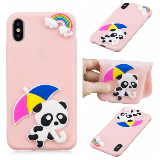 iPhone 9 Plus 3D Sarjakuva Kuviollinen Pehmeä Muovinen Takasuoja Kuori - Panda Ja Sateenvarjo