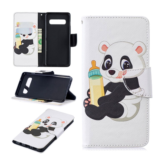 Samsung Galaxy S10 kuosillinen nahkainen flip Suojakotelo - Panda Pitelee Pulloa