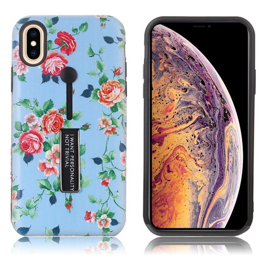 iPhone Xs Max Kukka kuviollinen hybriidi muovinen takasuoja kuori jalkatuella - Kukkivat Ruusut