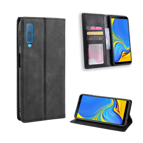 Samsung Galaxy A7 (2018) vintage Malli nahkainen flip suojakotelo - Musta