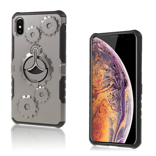 iPhone 9 Plus Hammaspyörä Kuviollinen Hybriidi Muovinen Takasuoja Kuori Jalkatuella - Harmaa