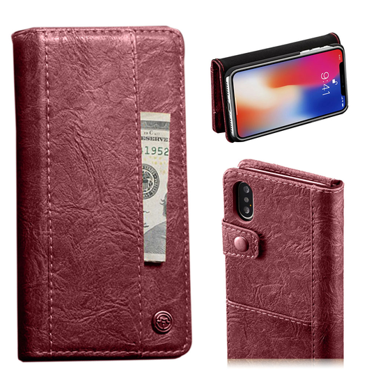 iPhone Xs Max CASEME vintage tyylinen synteetti nahkainen lompakko suojakotelo - Punainen