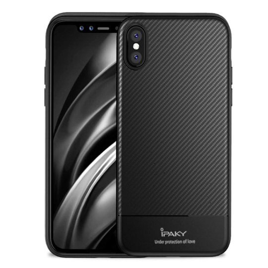 iPhone XS IPAKY hiilikuitu harjattu pintainen silikooni muovinen takasuoja kuori - Musta