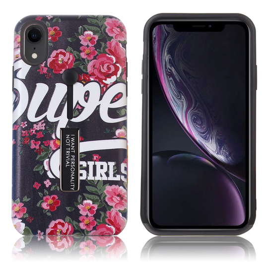 iPhone Xr Kukka kuvioitu kova muovinen takasuoja kuori jalkatuella - Punaiset Kukat Ja Teksti