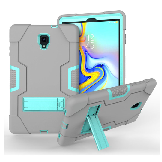 Samsung Galaxy Tab A 10.5 iskukestävä karu hybriidi muovinen takasuoja kuori tabletille missä jalkatuki - Cyaani/ Harmaa