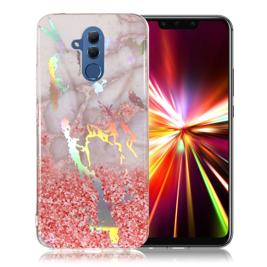 Huawei Mate 20 Lite IMD marmori kuviollinen metallinen silikooni kuviollinen joustava takasuoja kuori - Harmaa/ Pinkki
