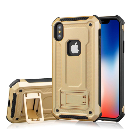 iPhone Xs Max hybriidi muovinen takasuojakuori jalkatuella - Kulta