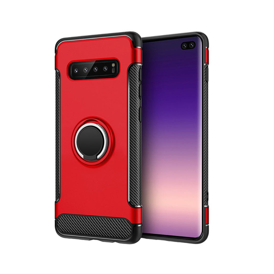 ANGIBABE Samsung Galaxy S10 Plus hiilikuitu pintainen hybrid suojakotelo - Punainen