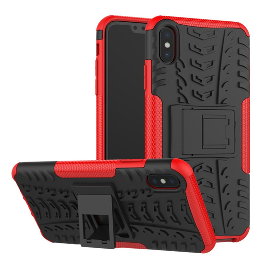 iPhone Xs Max Karu hybriidi muovinen takasuoja kuori jalkatuella - Punainen