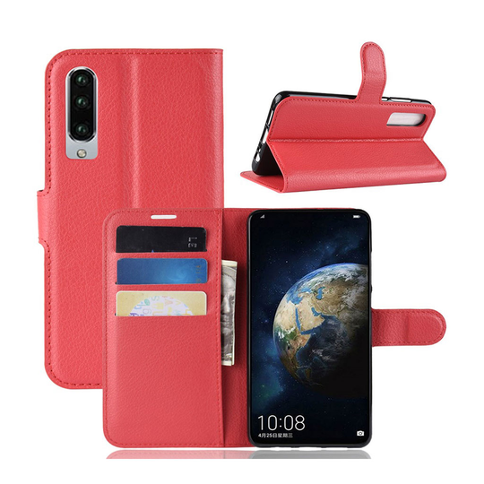 Huawei P30 litsi tuntuinen nahkainen flip Suojakotelo - Punainen