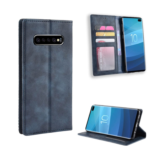 Samsung Galaxy S10 Plus vintage tyylinen nahkainen flip suojakotelo - Sininen