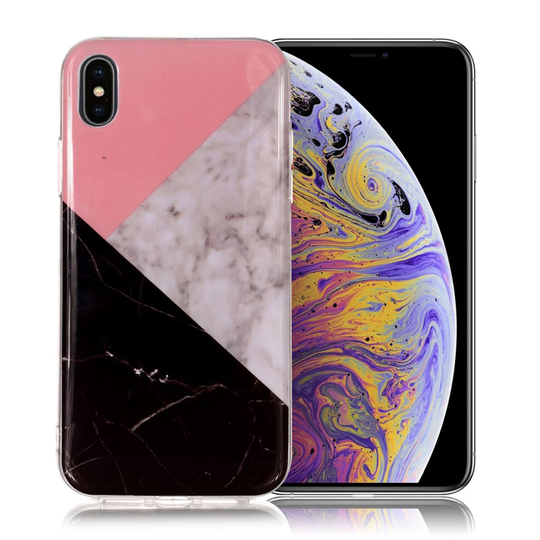 iPhone Xs Max IMD Marmori Kuviollinen Muovinen Takasuoja Kuori - Pinkki/ Harmaa/ Musta