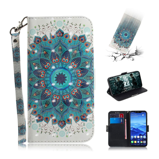 Huawei Mate 20 Lite kuvio pintainen kimalteleva synteetti nahkainen lompakko suojakotelo mobiilirannekkeella - Mandala