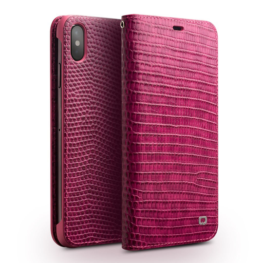 iPhone Xs Max QIALINO krokotiili iho rakenteinen lehmän nahka lompakko suojakotelo - Ruusu