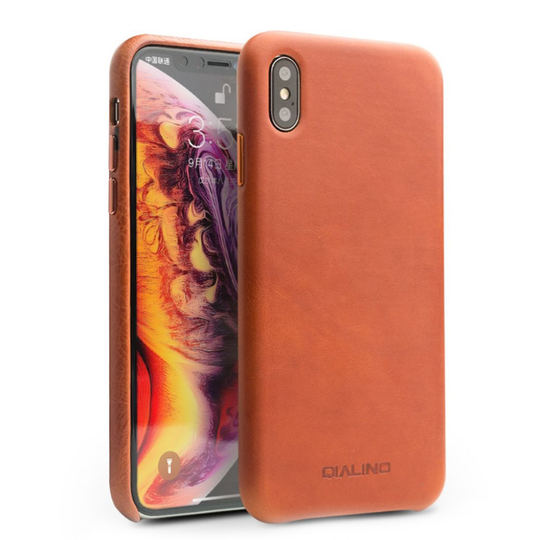 iPhone Xs Max QIALINO aito nahkainen kova muovinen takasuoja kuori - Ruskea