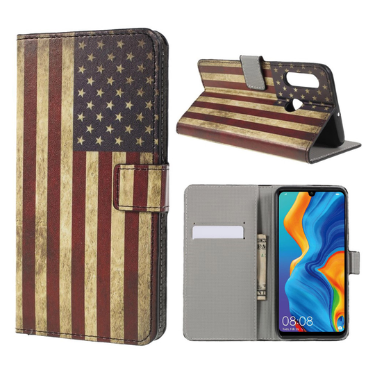 Huawei P30 Lite kuvioitu nahkainen flip suojakotelo - US lippu