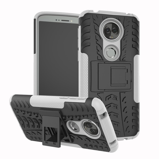 Motorola Moto E5 Plus Anti-Slip Muovi ja TPU Suoja Kuori Jalustalla - Valkoinen