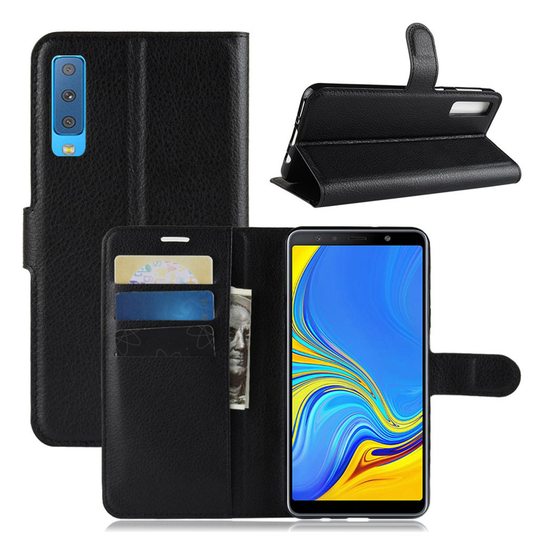 Samsung Galaxy A7 (2018) synteetti nahkainen lompakko kotelo missä liitsihedelmä jyväinen rakenne pinta - Musta