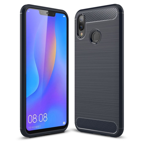 Huawei P Smart Plus hiilikuitu harjattu silikooni muovinen takasuoja kuori - Tumman Sininen