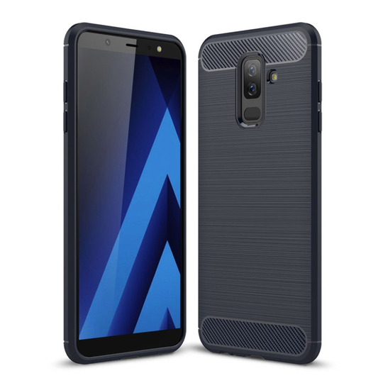 Samsung Galaxy A6 Plus Hiilikuitu Harjattu Pinta TPU Suojakuori - Tumman Sininen