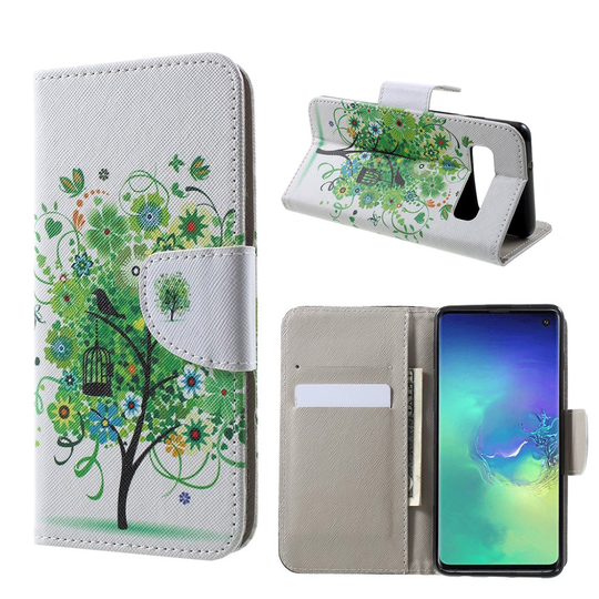 Samsung Galaxy S10 risti pintainen nahkainen flip suojakotelo - Vihreä Kukka Puu