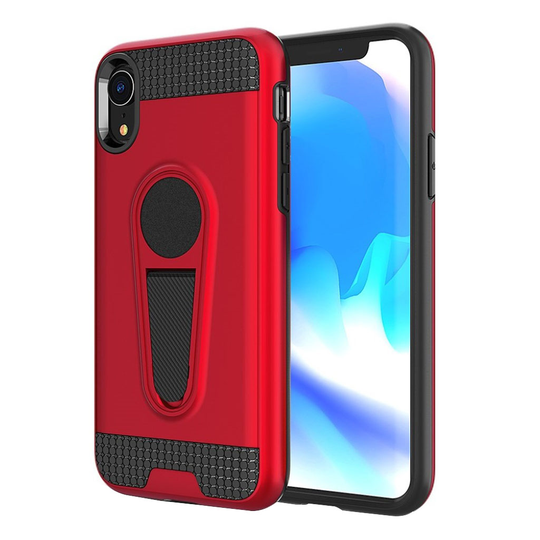 iPhone 9 Hiilikuitu Harjattu Hybriidi Muovinen Takasuoja Kuori Jalkatuella - Punainen