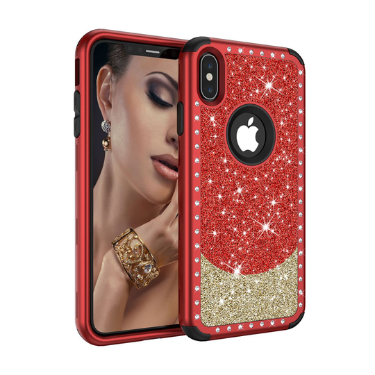 iPhone Xs Max hybriidi muovinen takasuoja kuori kimallehiekka pinnalla - Punainen/ Kulta