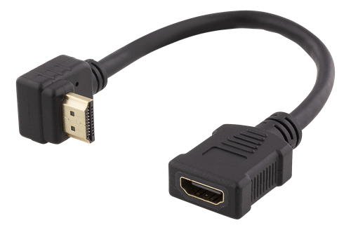HDMI-sovitin, 0,2 M, Taipuisa Kaapeli, Yläpuolelta Lovitettu Kulmaliitin, Uros - Naaras, UHD, Musta