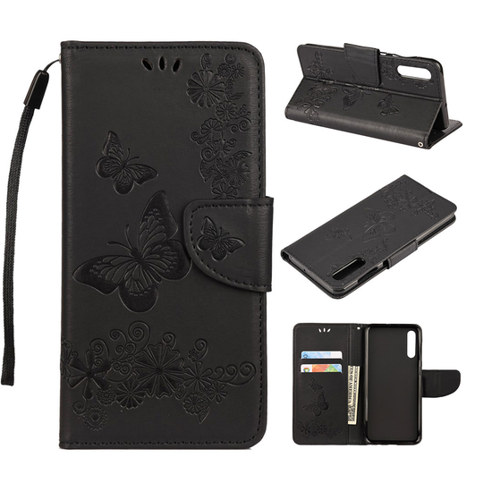 Samsung Galaxy A50 imprint butterfly leather case - Black