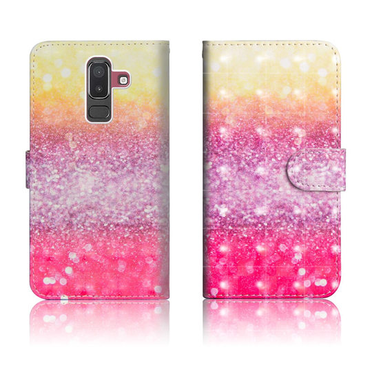 Samsung Galaxy J8 (2018) Kuvallinen PU Nahkainen Lompakko Suoja Kotelo - Värikäs Kimalle Kuvio