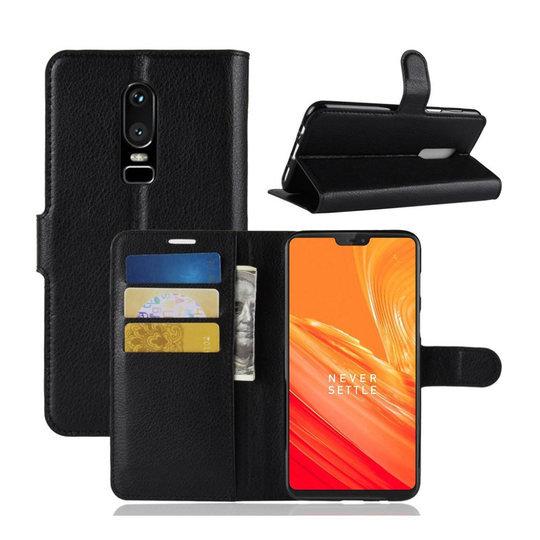 Oneplus 6 Liitsihedelmän Jyvä PU Nahka Lompakko Kuori - Musta
