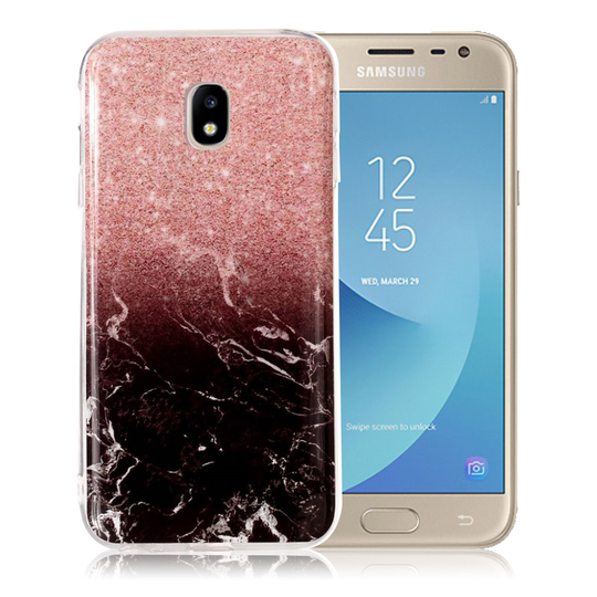 Samsung Galaxy J3 (2017) Marmori Rakenne TPU Pehmeä IMD Kuvallinen Takasuoja Kuori - Pinkki/ Musta