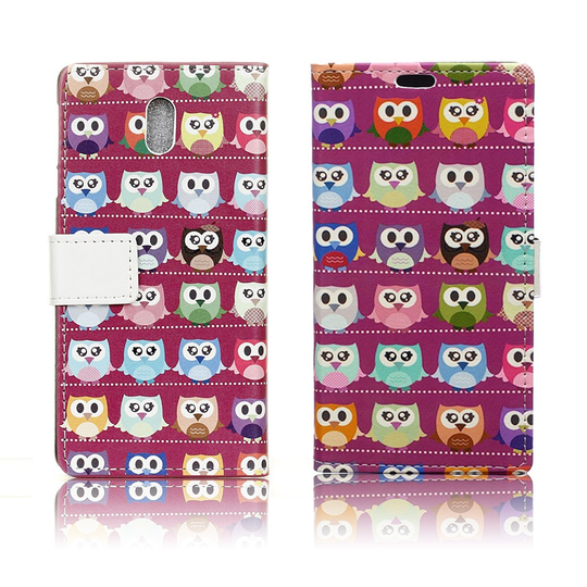 Samsung Galaxy J7 (2017) vintagetyylinen nahkakotelo - Violetin taustan pöllöt